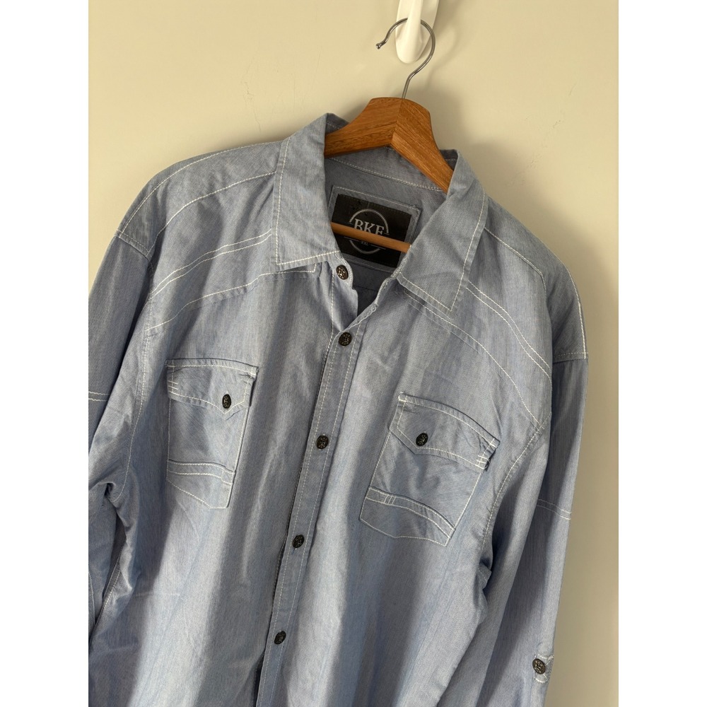 BKE Mens XXL Athletic Fit Button Down Shirt Blue White Stripe Roll Tab Sleeve - Picture 3 of 8